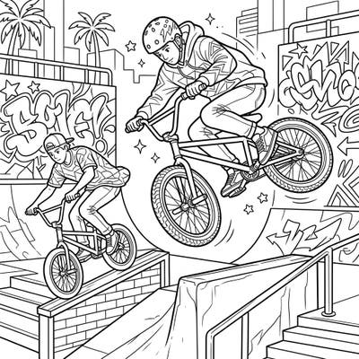 Unleash your creativity with this epic coloring page featuring cool freestyle BMX riders pulling off incredible tricks. Designed for teens, it captures the high-energy world of urban sports with detailed lines and dynamic action.