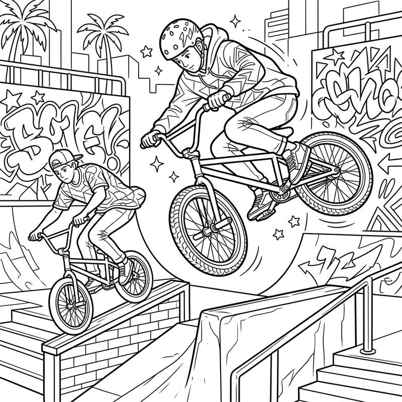 Unleash your creativity with this epic coloring page featuring cool freestyle BMX riders pulling off incredible tricks. Designed for teens, it captures the high-energy world of urban sports with detailed lines and dynamic action.