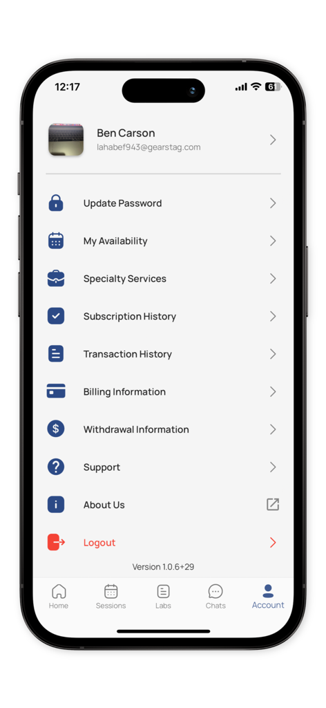 My.Doctor - Der Bildschirm mit den Kontoeinstellungen der My.Doctor-App für Ärzte mit Menüoptionen für Verfügbarkeit, Spezialdienste und Abrechnungsinformationen.