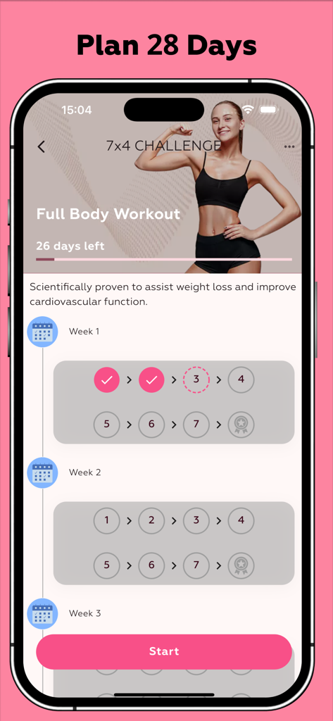 Women Workout - Burn Belly Fat - Interfaz de la app 'Entrenamiento para Mujeres' mostrando un plan de desafío de cuerpo completo de 28 días y un rastreador de progreso semanal.