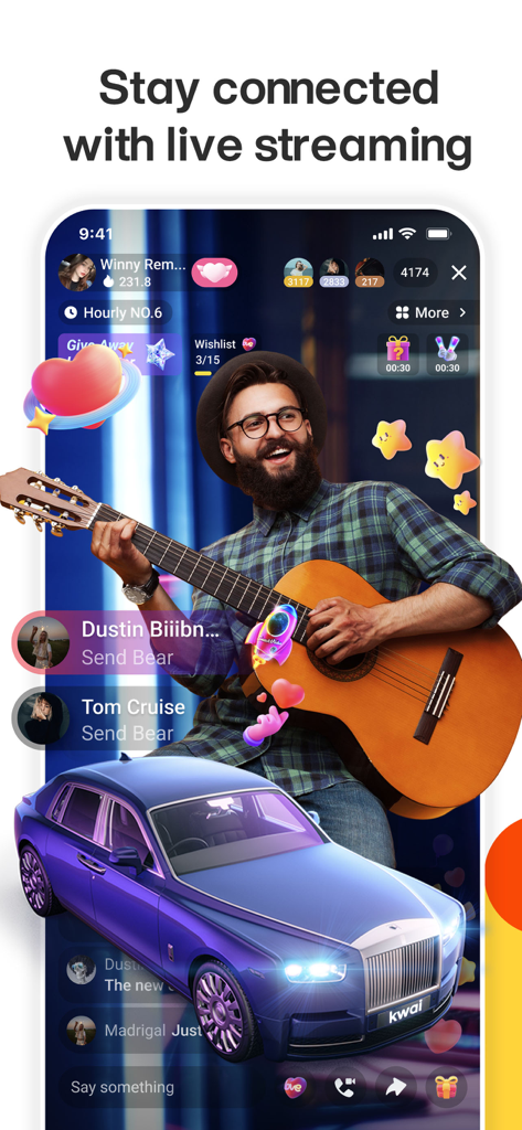 A live streaming interface on the Kwai app featuring a creator playing guitar with interactive gifts and chat
