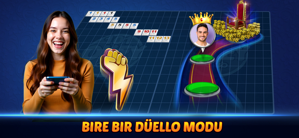 101 Okey Club - Yüzbir Okey - A woman playing the one on one duel mode in 101 Okey Club with a game board and a player avatar wearing a crown