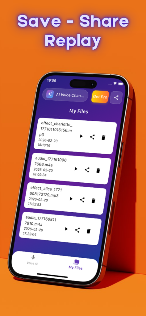 A smartphone displaying the My Files screen of the AI Voice Changer app with a list of saved audio recordings and sharing options.