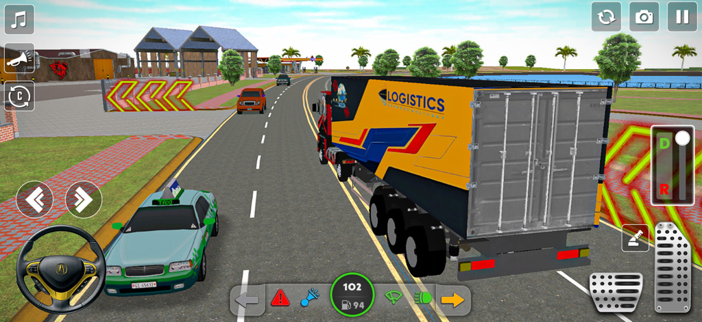 Cargo Truck Games Simulator 3D - Gameplay screenshot of Cargo Truck Simulator 3D showing a logistics truck driving on a city road with on-screen controls.