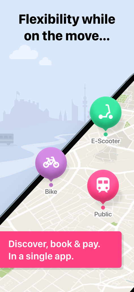 wegfinder - Wegfinder app map interface showing icons for e-scooter bike and public transport options