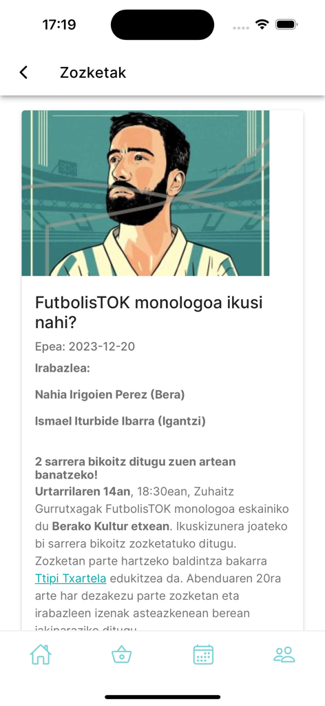 A raffle page in the Erran app titled Zozketak featuring a giveaway for a Basque monologue performance.