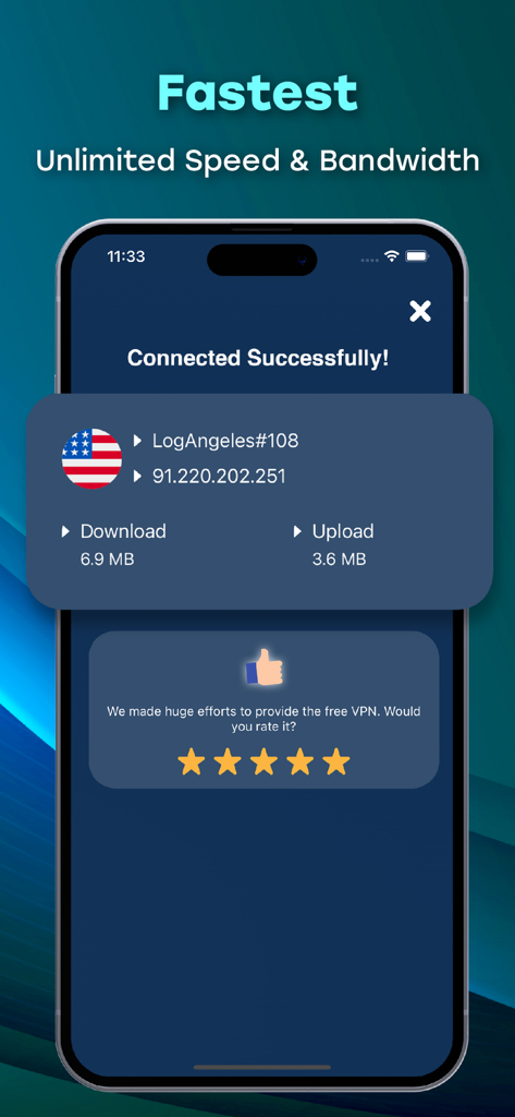 Fast VPN Super App-Oberfläche, die eine erfolgreiche Verbindung zu einem Los Angeles-Server mit Netzwerkgeschwindigkeitsdetails anzeigt.