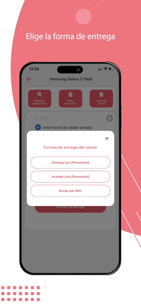 GivU - GivU mobile app screen showing options for delivering a sold smartphone including in-person handoff and DHL courier service.