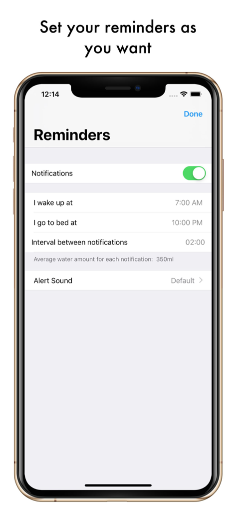 Drink Water ∙ Daily Reminder - A smartphone screen showing the reminders settings for the Drink Water app including notification frequency and wake-up times.
