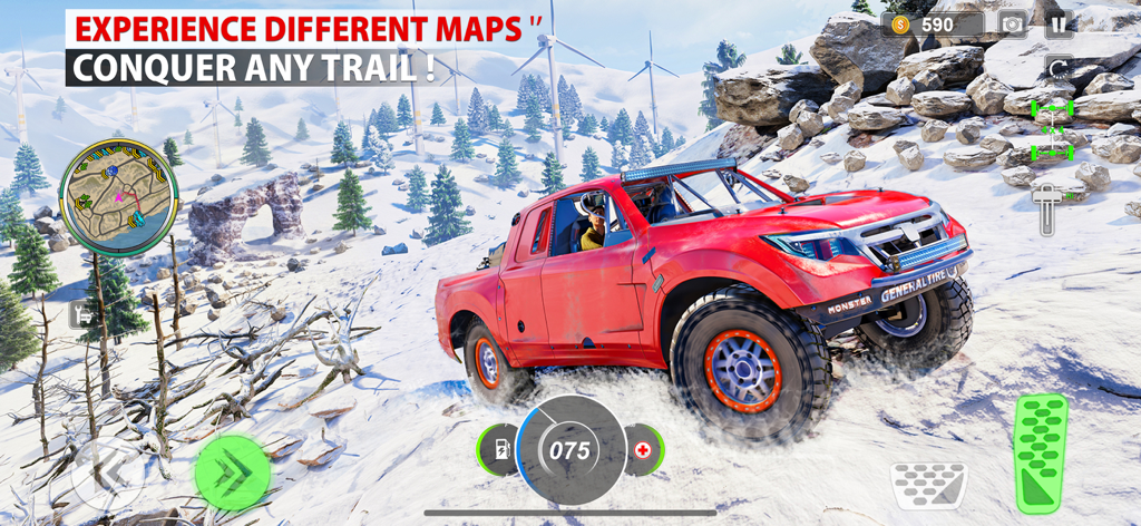 Offroad King Car Driving Game - A red 4x4 offroad truck driving through a snowy mountain trail with wind turbines in the background.