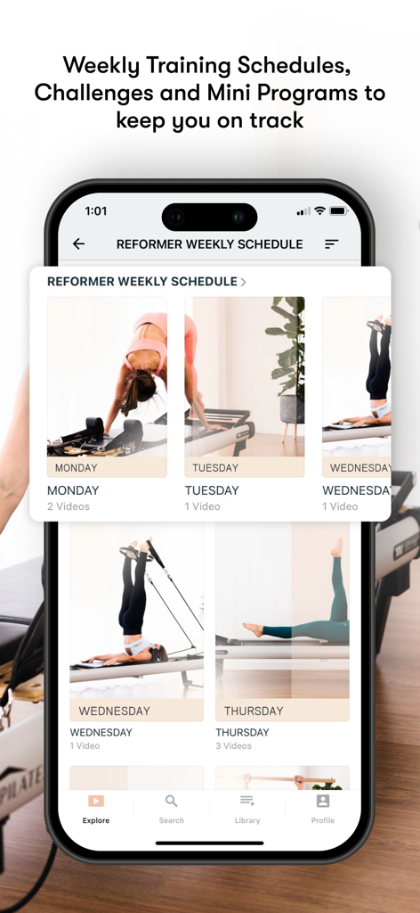 Pilates Project - La aplicación Pilates Project mostrando un programa de entrenamiento semanal de Reformer Pilates con videos de entrenamiento diarios