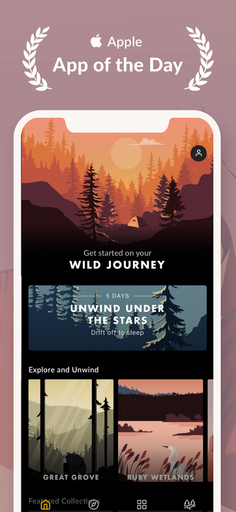 Wild Journey - Nature Sounds - Interfaz de la aplicación Wild Journey que presenta paisajes naturales ilustrados y el premio App del Día de Apple