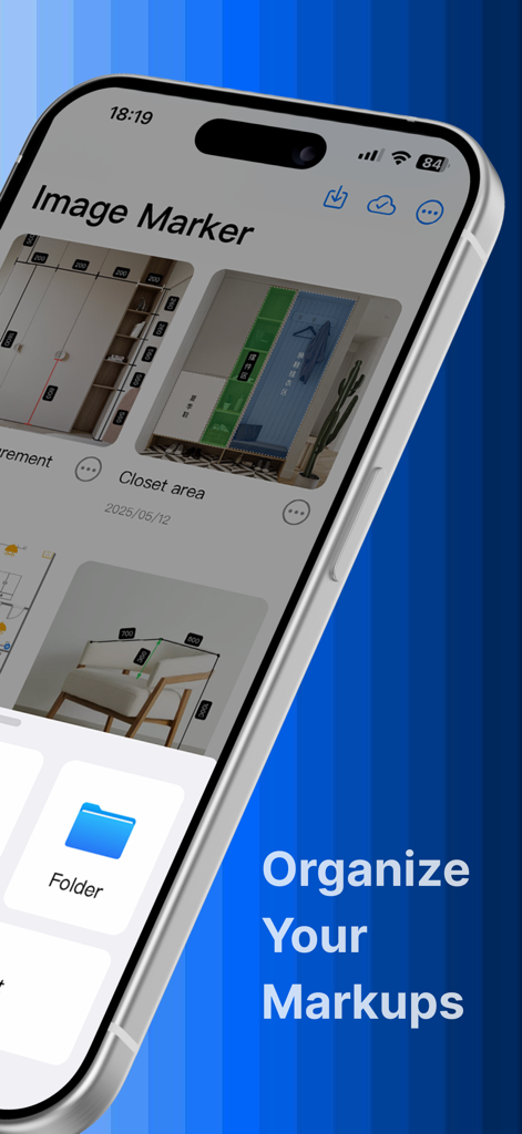 MarkMaster-image meter measure - Smartphone display of the MarkMaster app interface for organizing annotated measurement photos into folders.