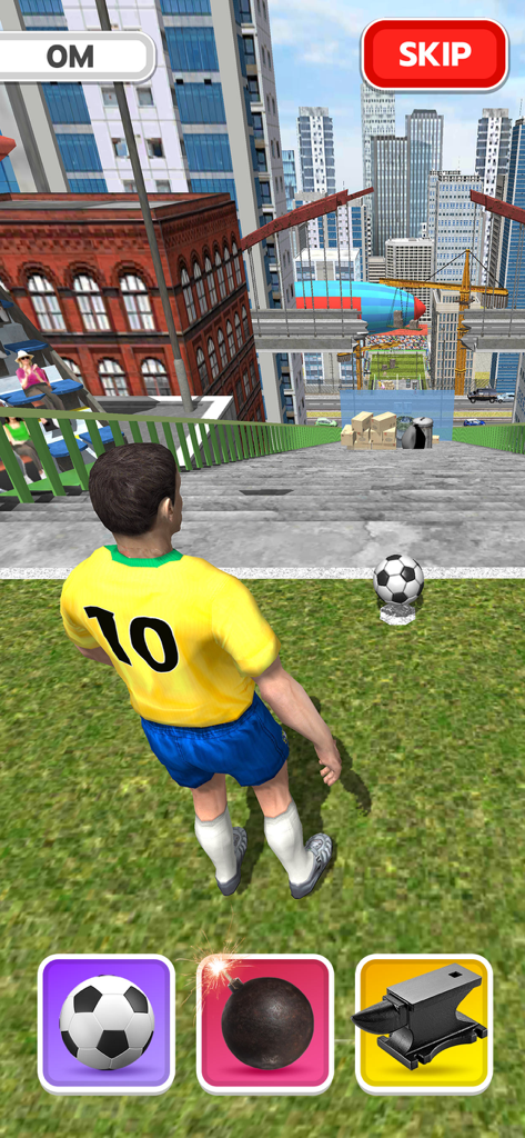 Scoring Champion - 스코어링 챔피언 모바일 게임의 도시 옥상에서 공을 찰 준비를 하는 노란색 유니폼의 축구 선수