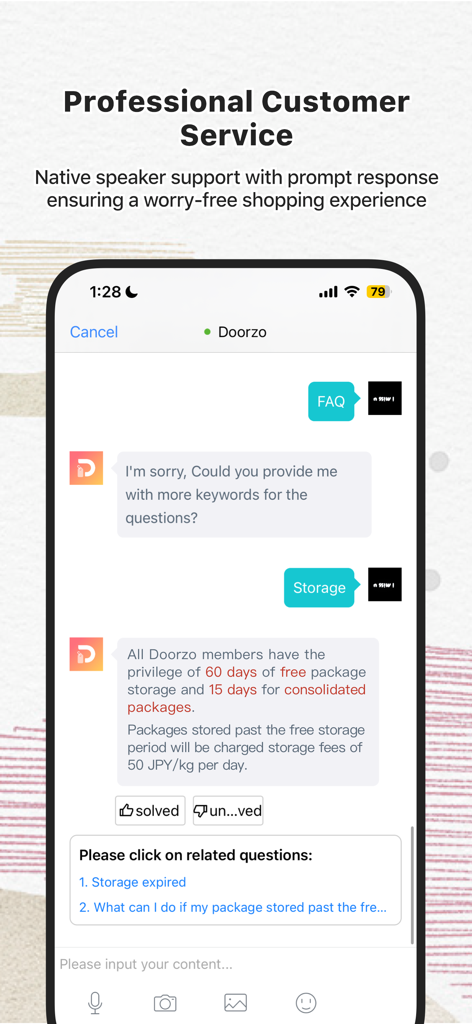 Doorzo – Shop from Japan! - Interfaz de chat de la aplicación Doorzo que muestra un servicio de atención al cliente profesional y soporte automatizado para preguntas de envío y almacenamiento.