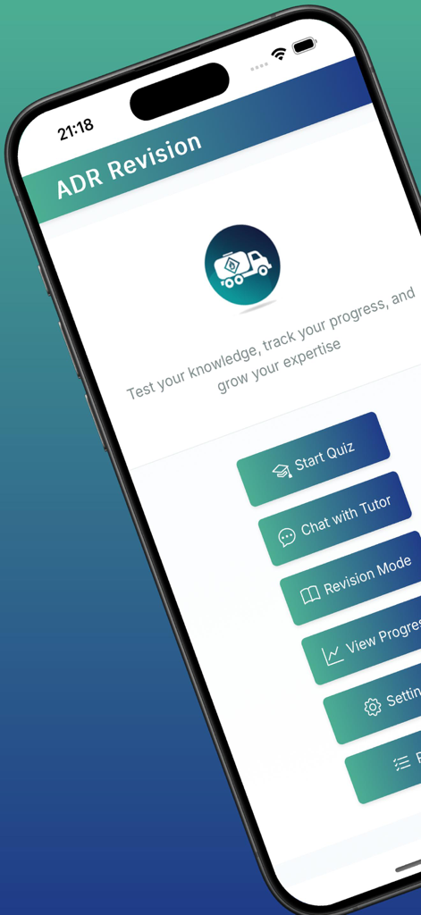 Main menu of the ADR Revision app showing options for quizzes and the AI tutor study tool