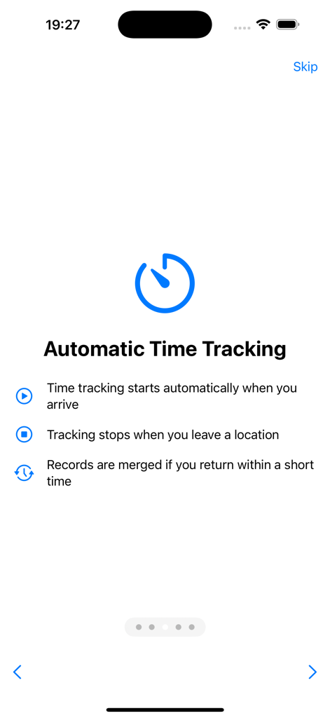 Onboarding screen of the Time@Location app explaining automatic time tracking features based on location arrivals and departures