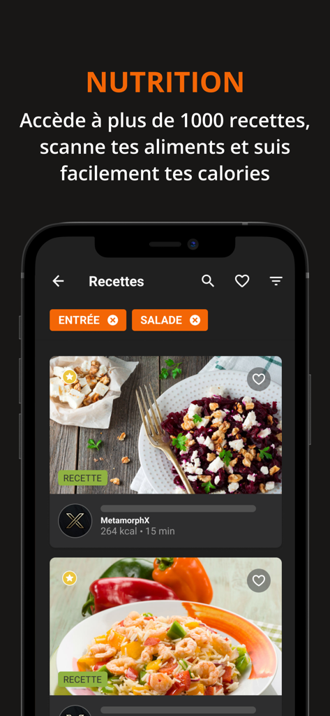 MetamorphX - MetamorphX mobile app interface displaying a library of healthy recipes and nutrition tracking features