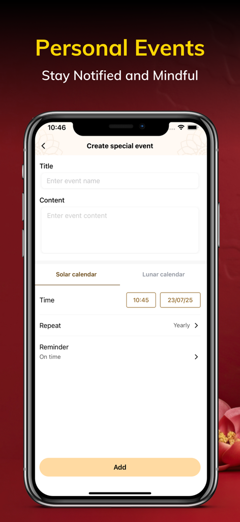 Om Mani – Global Buddhism - The event creation screen in the Om Mani app allowing users to set reminders on solar or lunar calendars.