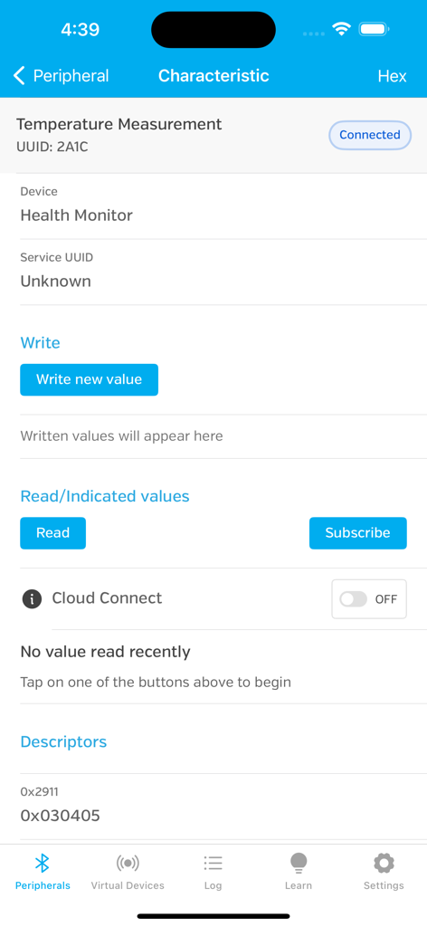 LightBlue app interface showing Bluetooth characteristic details for a connected temperature measurement device
