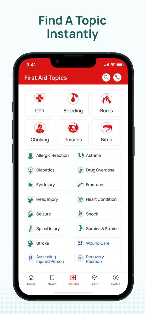 iFirstAid - Screenshot of the iFirstAid app displaying a menu of first aid topics including CPR, bleeding, and burns.