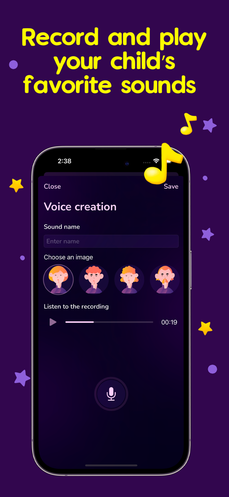 DozZy app interface for recording personalized soothing sounds for babies