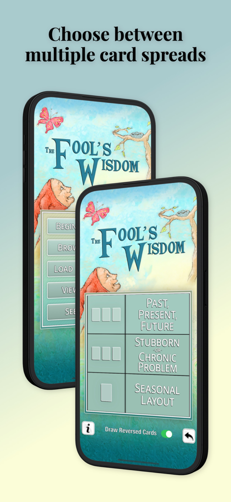 Interface of The Fool's Wisdom Oracle Cards app displaying options for different card spreads like Past Present and Future