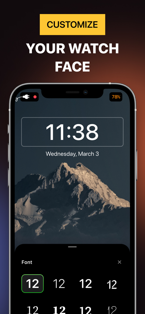 산 배경화면과 시계 글꼴 사용자 지정 옵션이 표시되는 iPhone 잠금 화면
