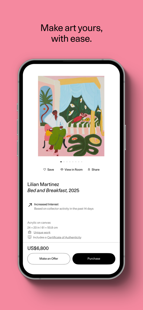 Artsy app interface showing an original painting by Lilian Martinez with direct purchase and offer buttons