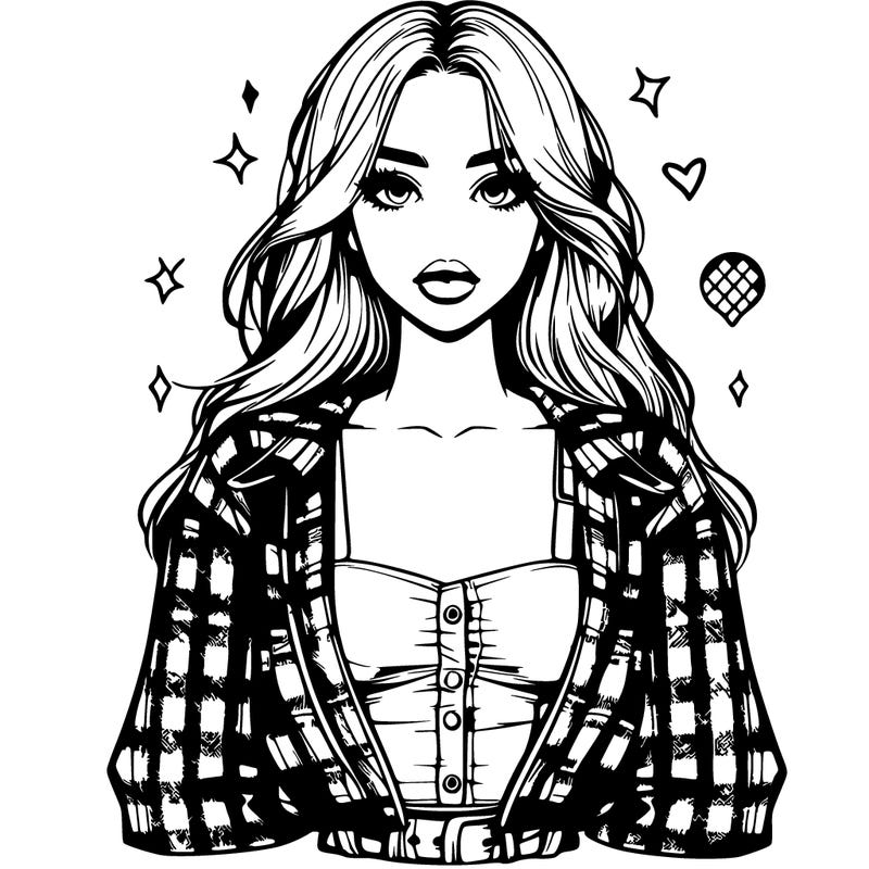 detailed
e-girl in plaid open button up long sleeve top. cute lips and big eyes. long hair.