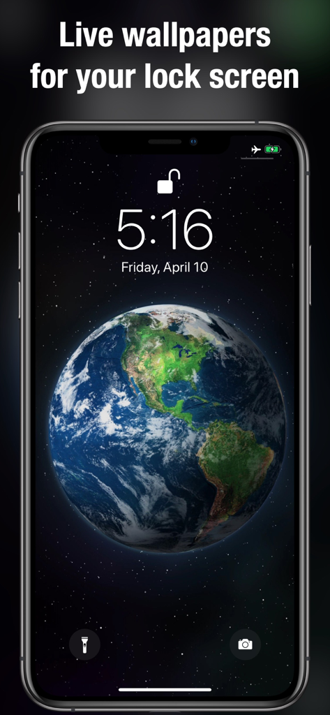 Live Wallpapers & Backgrounds+ - iPhone lock screen showing a live wallpaper of Earth from space.
