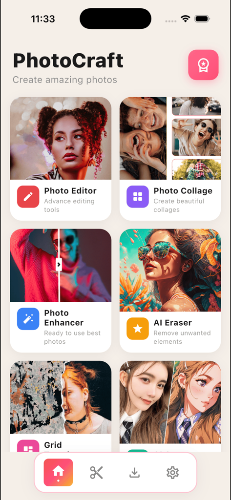 PhotoCraft Editor - PhotoCraft Editor home screen displaying various photo editing and AI tools