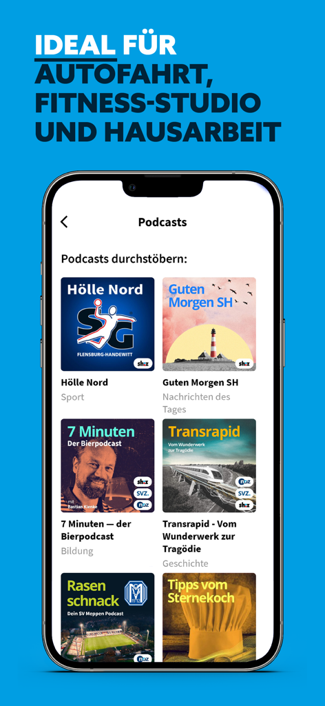 Smartphone-Bildschirm, der verschiedene lokale Podcast-Cover in der mobilen shz HOERBAR App anzeigt