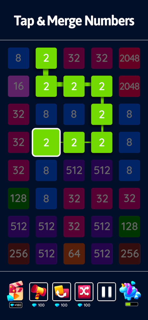 Pantalla de juego de 2048 Blast mostrando una cuadrícula de puzzle minimalista con fichas de números dos conectadas listas para fusionar