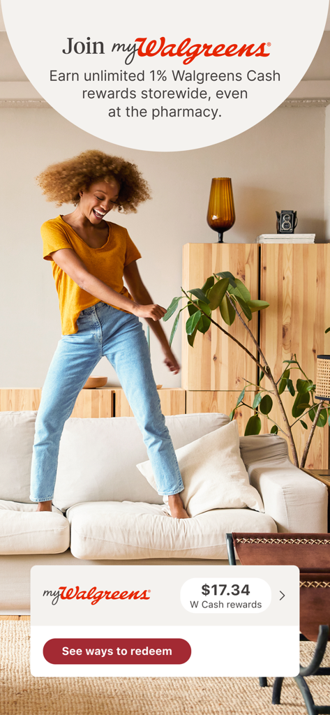 Walgreens - Happy woman dancing on a couch next to myWalgreens cash rewards details