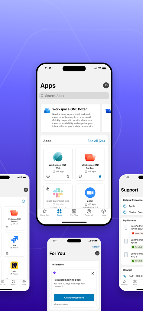 Intelligent Hub - Mobile screenshots of the Intelligent Hub app showing the corporate app catalog, notifications, and support services.