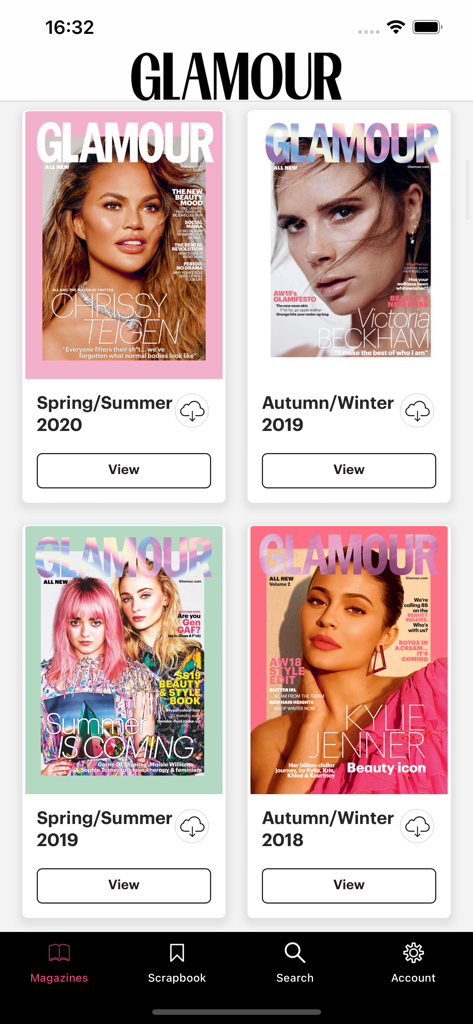 Biblioteca de revistas digitales en la aplicación Glamour UK mostrando portadas con celebridades como Kylie Jenner y Victoria Beckham