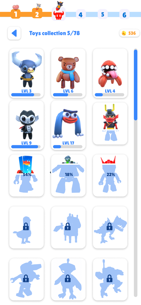 Toys collection menu in TOYS Rumble showing unlocked toy characters and levels