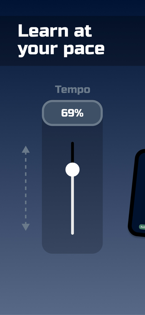 Timbro Guitar - Learn Guitar - A tempo slider in the Timbro Guitar app showing the Learn at your own pace feature set to sixty nine percent