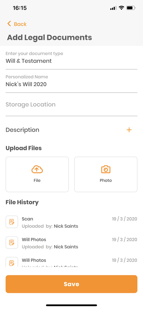 SideDrawer - SideDrawer mobile interface showing how to add and manage a Will and Testament document