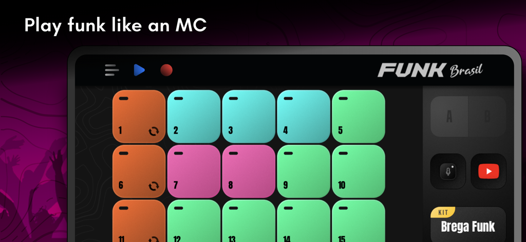Interfaz de la app Funk Brasil mostrando una colorida cuadrícula de pads de batería estilo MPC y la selección de kits Brega Funk.