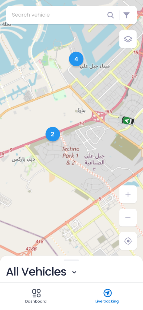 FAMS Mobile - Fleet Management - Live GPS tracking interface of the FAMS Mobile app showing vehicle locations on a map