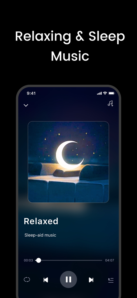 Relaxing and sleep music player interface within the Headphones and Speaker connect plus app featuring a moon illustration and playback controls