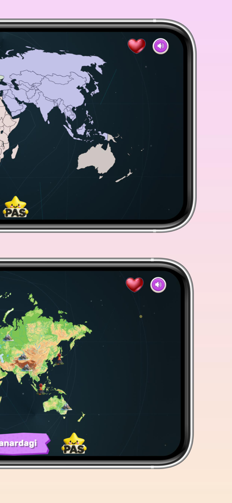 Captures d'écran d'un jeu de quiz sur les cartes du monde avec terrain et éléments de géographie interactifs.
