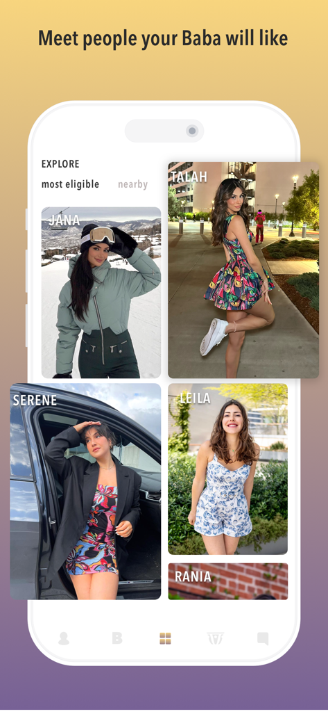 baklava: Arab Relationships - Entdecken-Bildschirm der Baklava-Dating-App mit Profilen arabischer Frauen und der Bildunterschrift Triff Leute, die dein Baba mögen wird
