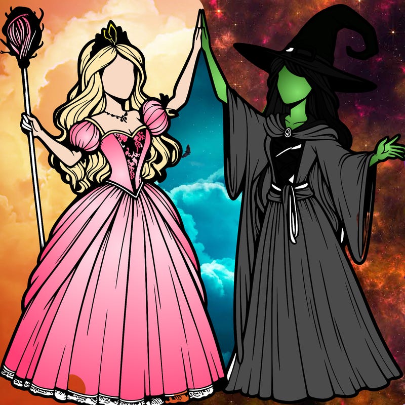 detailed realistic split of a princess and a witch