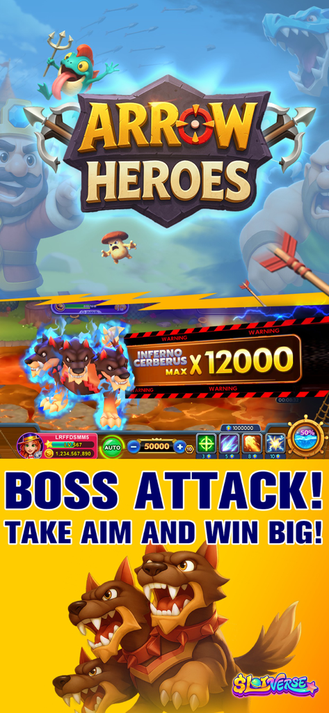 Slotverse Arrow Heroes mini game featuring a three headed dog boss attack with large rewards