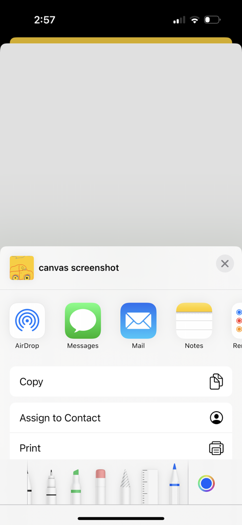 Maze Lab Creator - 下部にある描画ツールとともにキャンバスのスクリーンショットを共有するオプションを表示する、迷路ラボクリエイターのiOS共有メニュー。