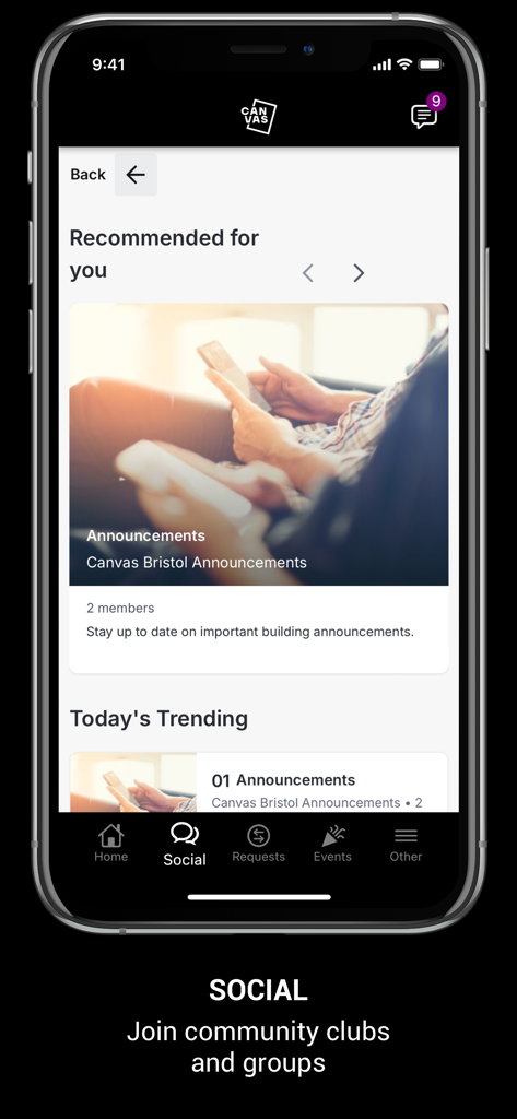 A mobile interface of the My Canvas App showing the social section with recommended community clubs and property announcements.
