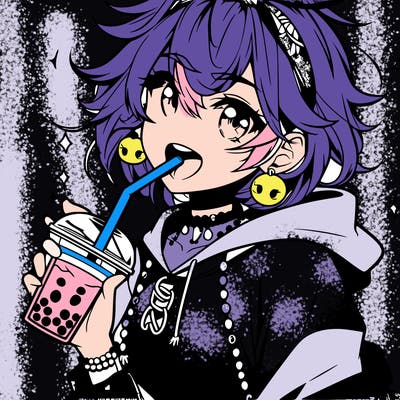 hot baddie anime girl drinking boba and biting the straw
